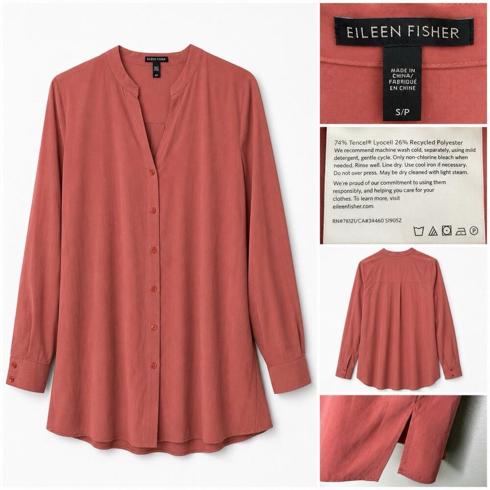 Eileen Fisher Size S Coral Pink Tencel Lyocell Button Front Tunic Blouse Shirt